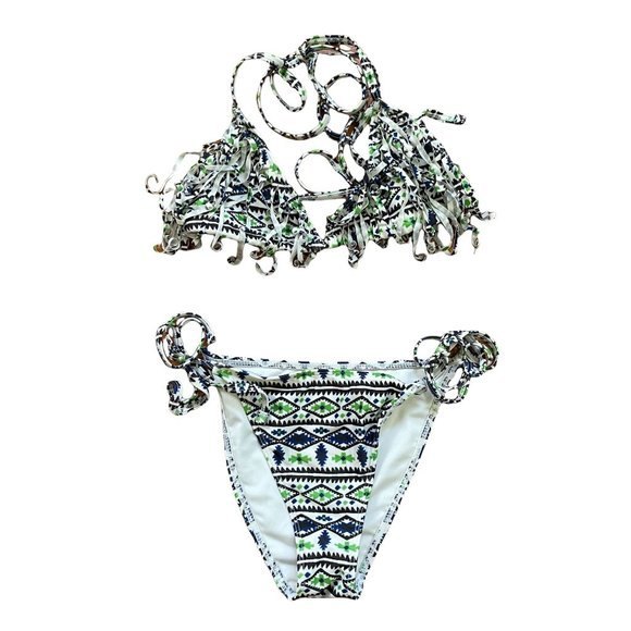 Asos Fringe Tribal Print Triangle String Two Piece Bikini Size 2/4 - Picture 1 of 6